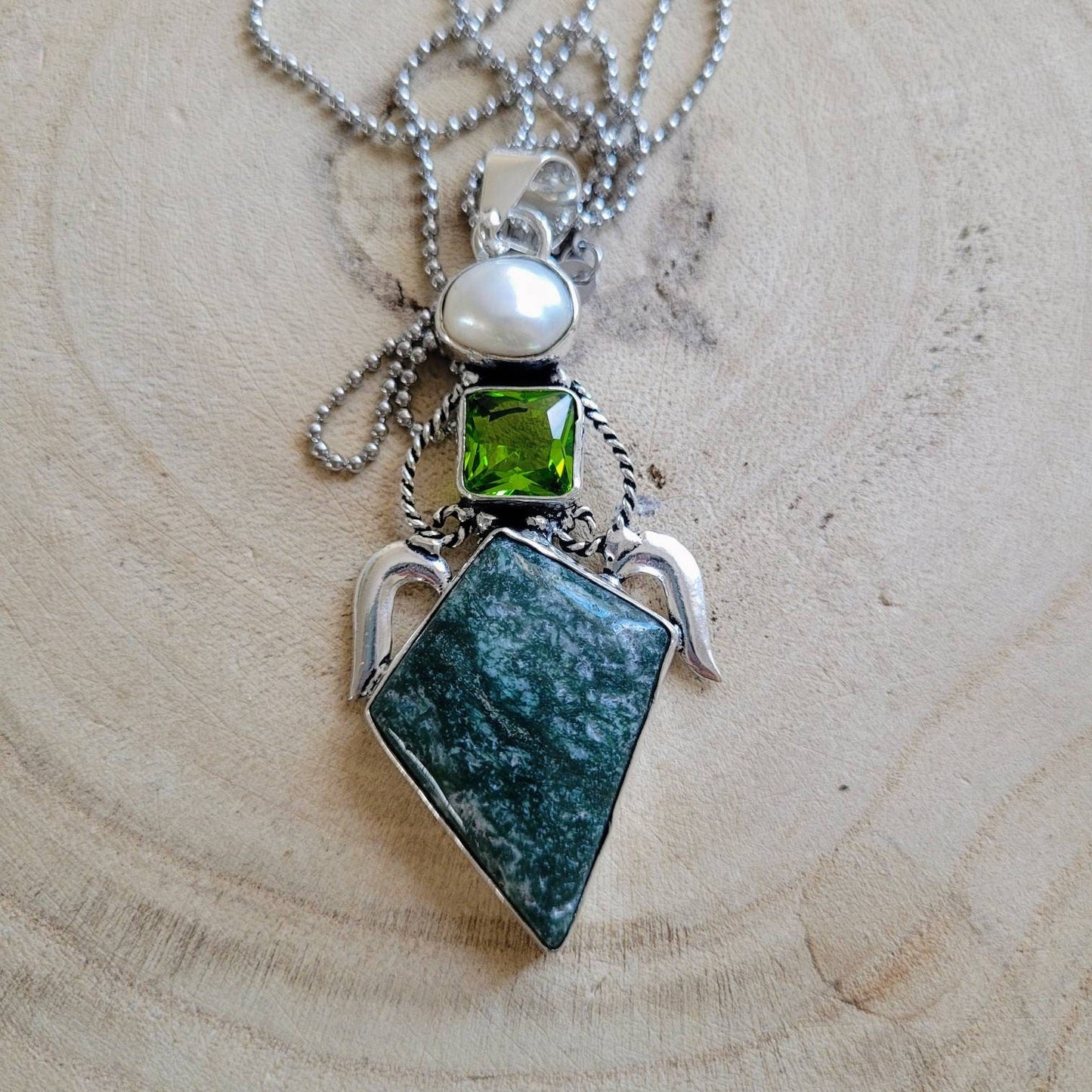 Moss agate necklace peridot necklace pearl necklace 925 silver pendant crystal healing jewellery wimens jewelry