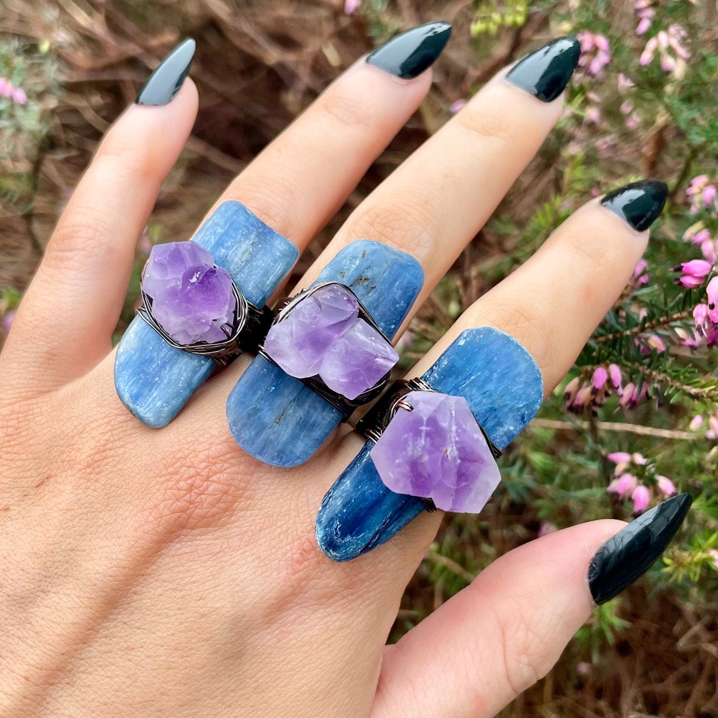 Kyanite Ring with Amethyst Raw Cluster Adjustable Size Antique Style  Gold Crystal Healing Ring Throat and Third Eye Chakra Support