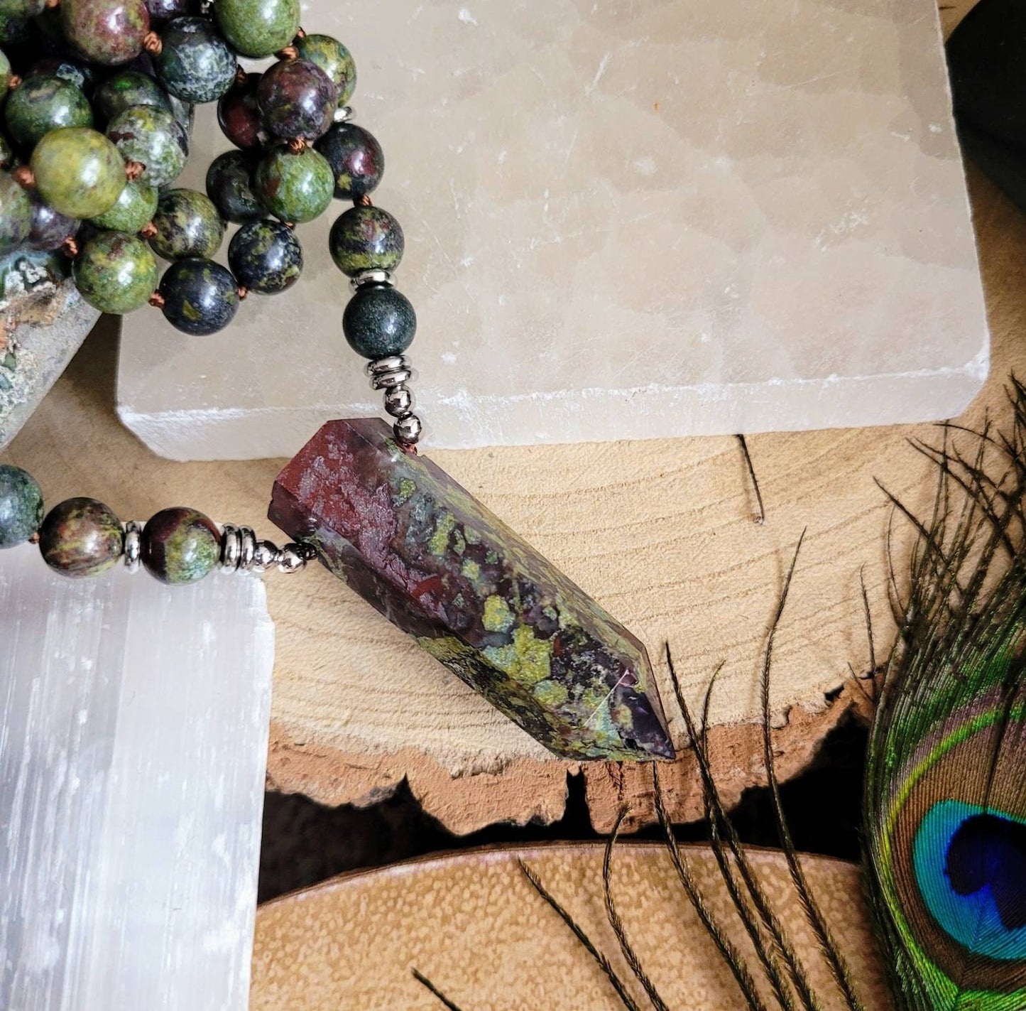 Dragons blood jasper necklace knotted mala point pendant crystal healing witchy jewellery gift for him gift for her