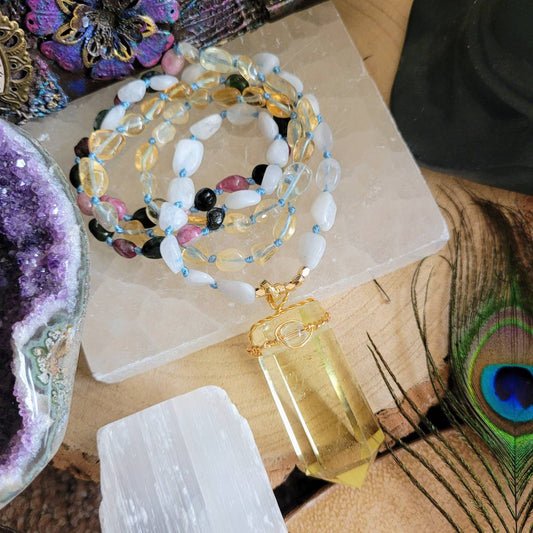 Moonstone citrine and mixed tourmaline mala necklace with citrine point pendant crystal healing natural stone jewellery