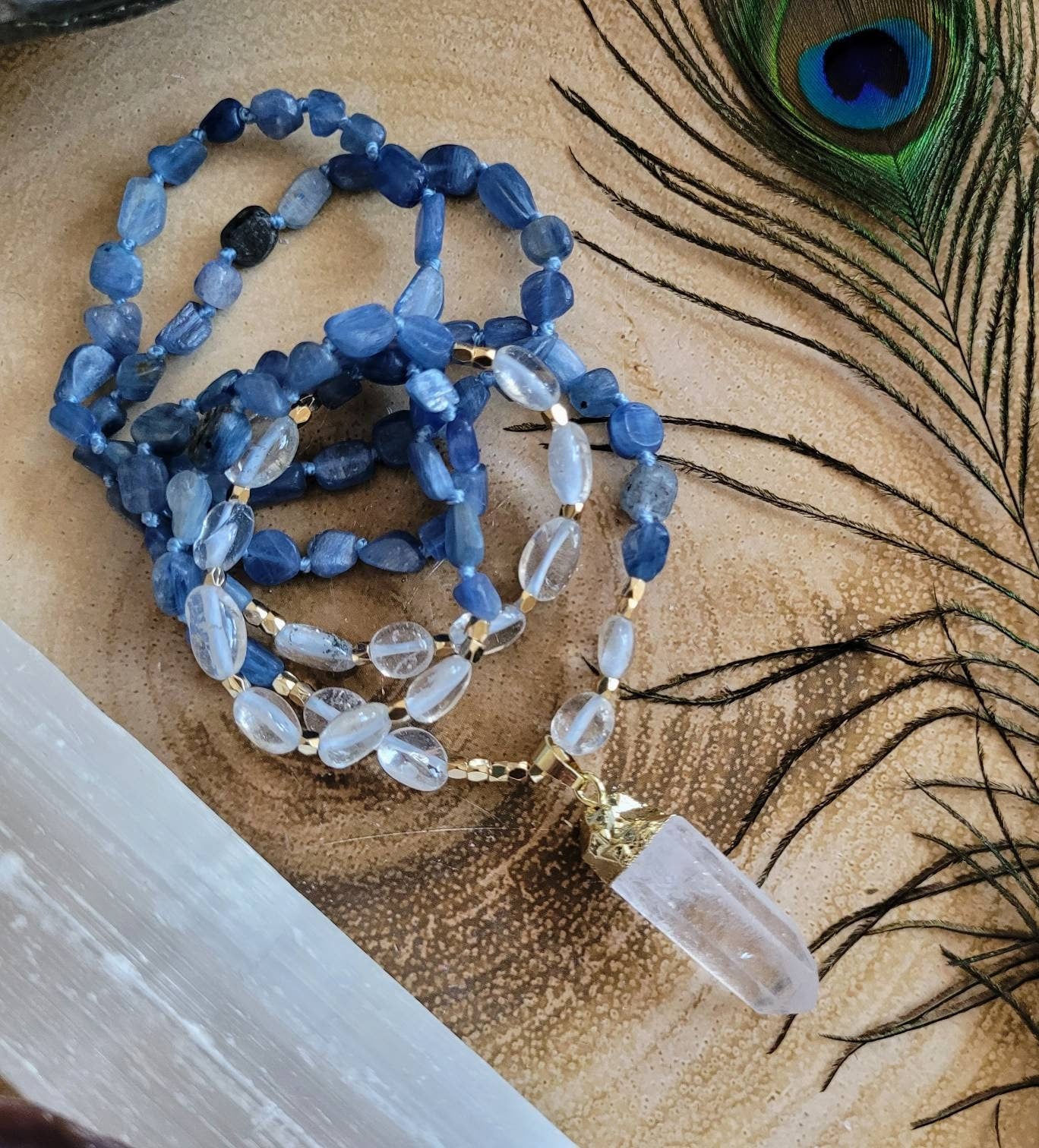 kyanite necklace with clear quartz point pendant knotted mala crystal healing natural stone jewellery for her jewelry for him