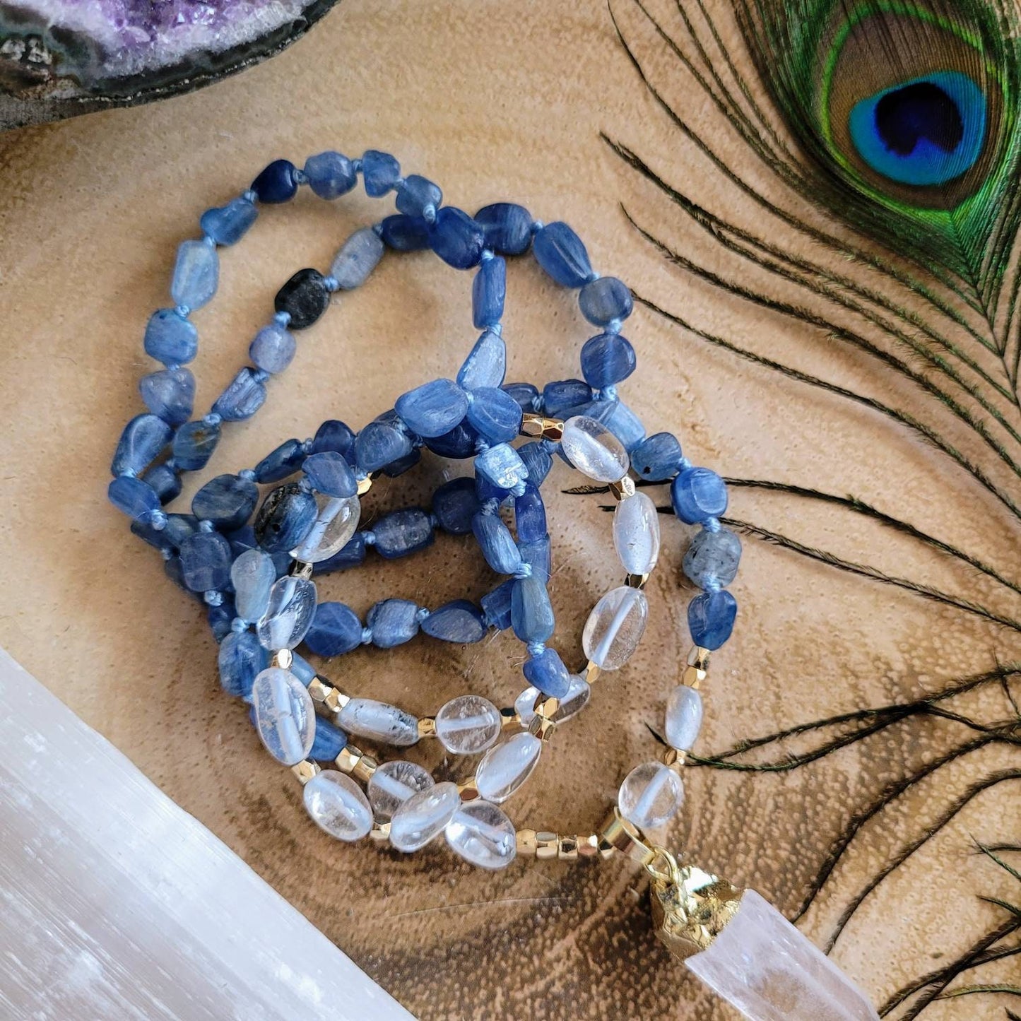 kyanite necklace with clear quartz point pendant knotted mala crystal healing natural stone jewellery for her jewelry for him