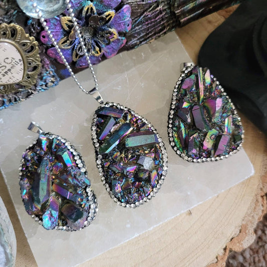 Titanium aura quartz pendant necklace rainbow cluster crystal healing witchy jewellery handmade jewelery gift for her