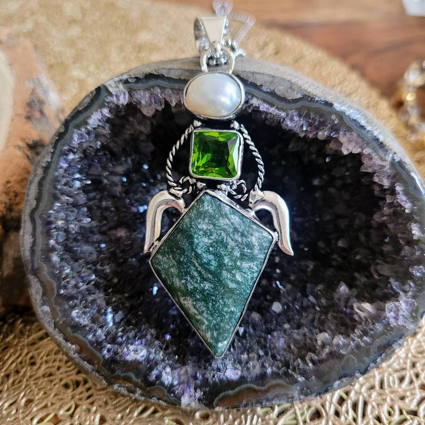 Moss agate necklace peridot necklace pearl necklace 925 silver pendant crystal healing jewellery wimens jewelry