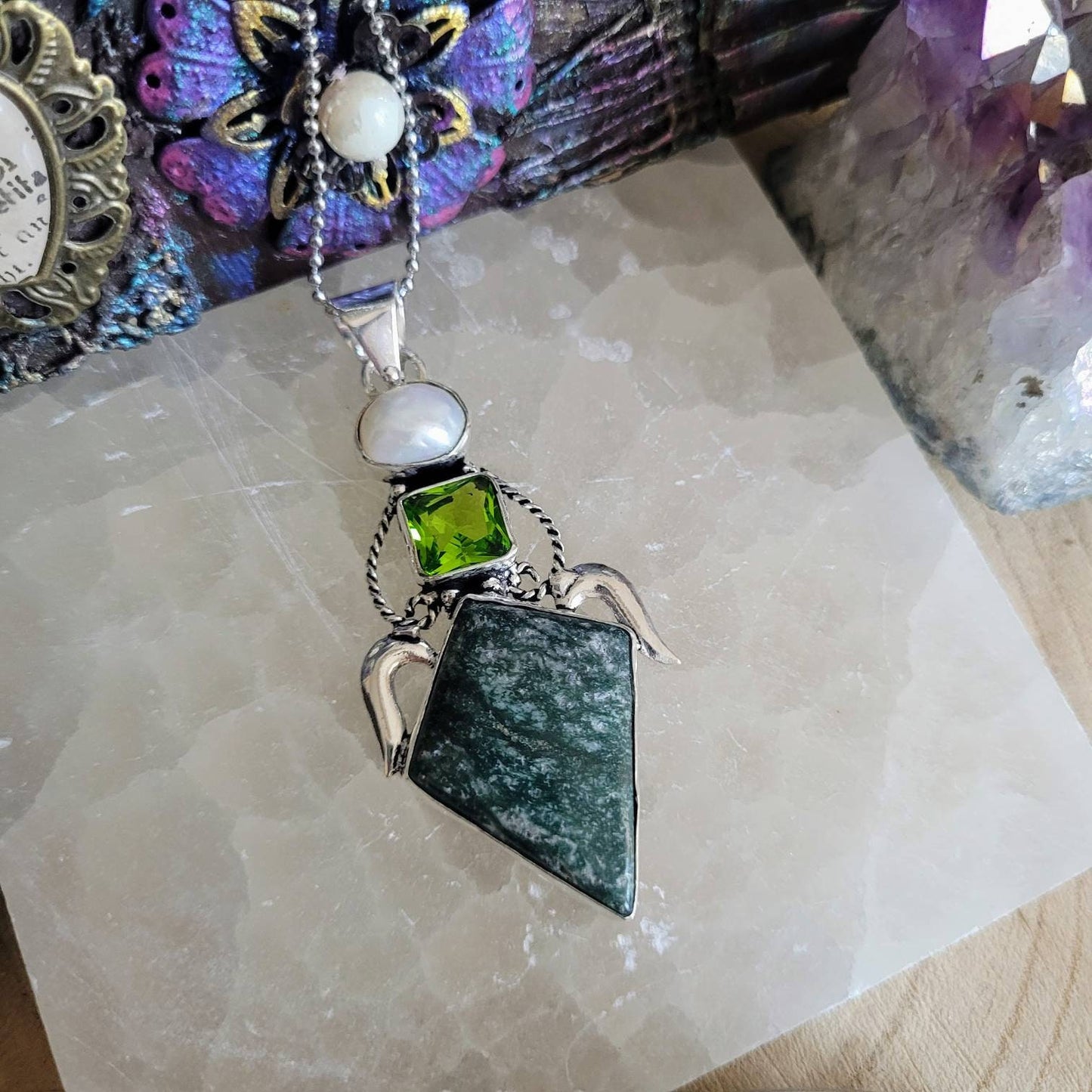 Moss agate necklace peridot necklace pearl necklace 925 silver pendant crystal healing jewellery wimens jewelry