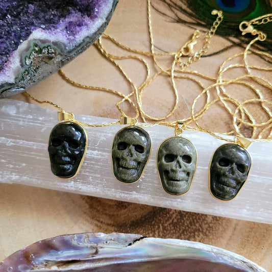 Golden sheen obsidian skull necklace crystal healing natural stone jewellery gothic gift for him or her