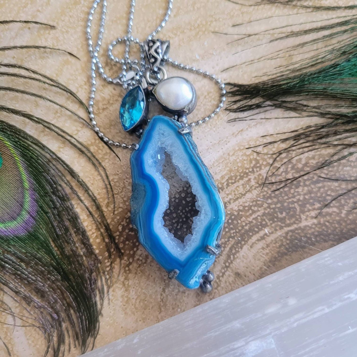 Druzy agate pearl and blue topaz necklace pendant 925 silver crystal healing throat chakra witchy jewellery gemstone jewelry gift for her