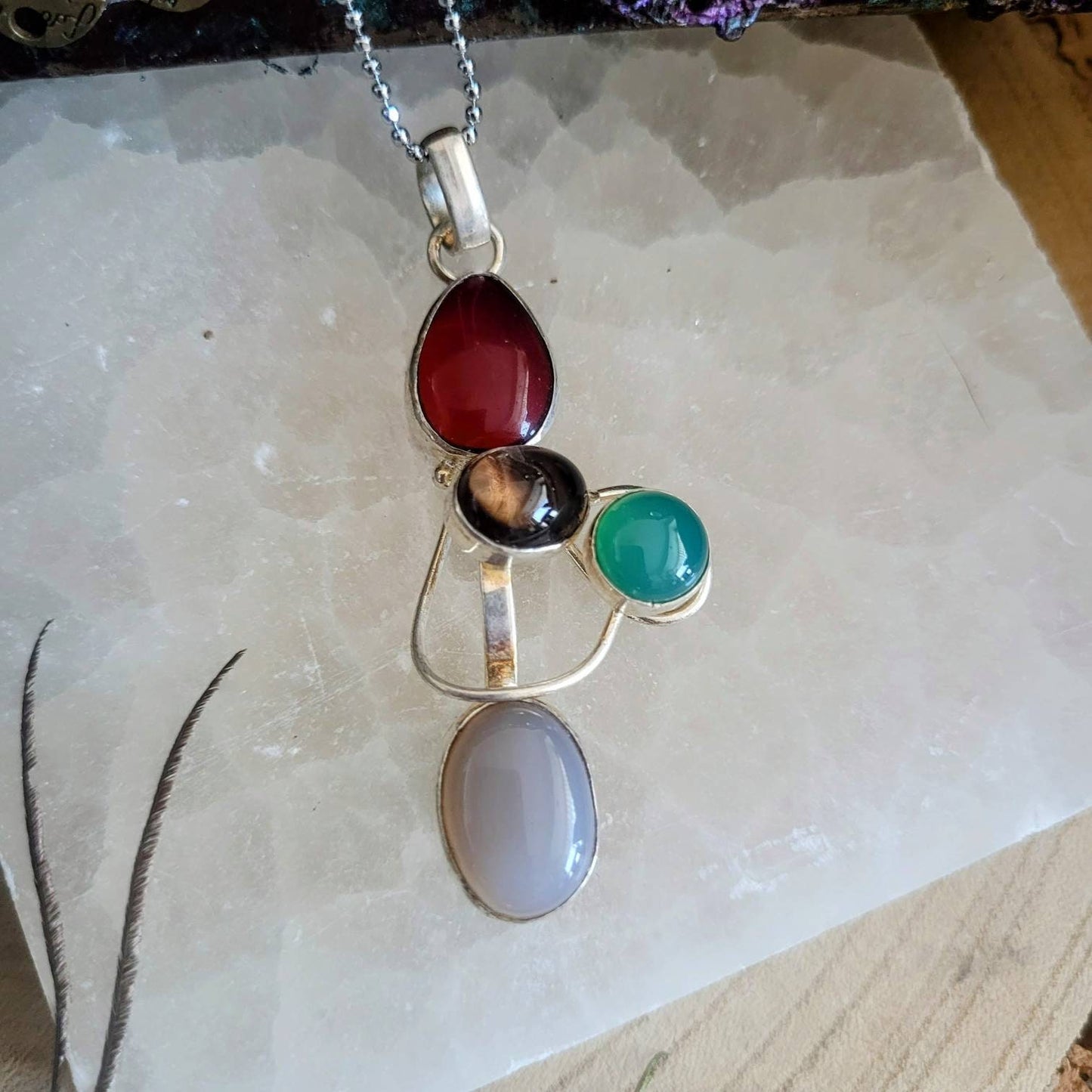 Carnelian, green onyx,  Botswana agate and smoky quartz in 925 silver pendant natural stone crystal  jewellery gift for her gemstone jewelry