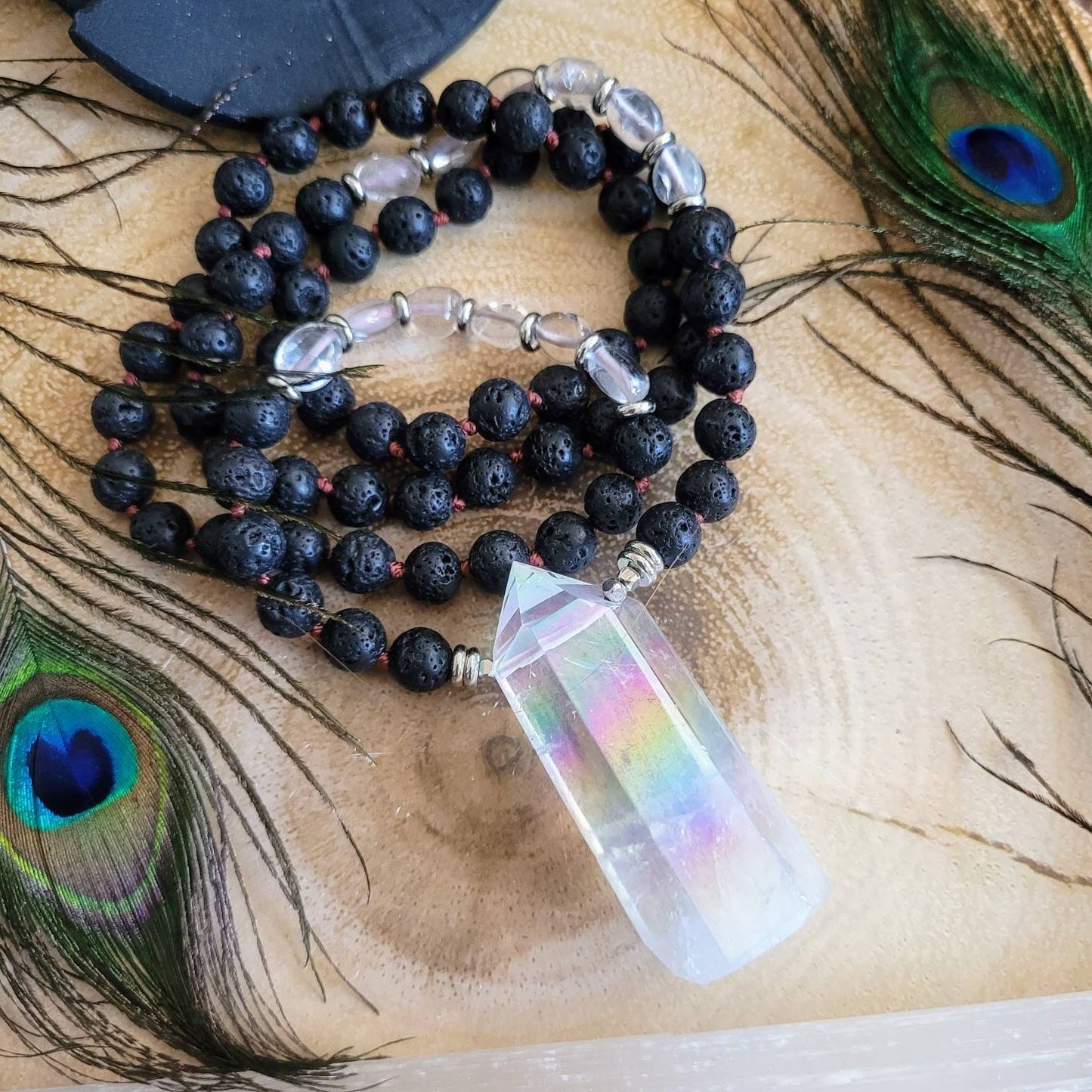 Lava rock and clear quartz necklace knotted mala with large angel aura quartz point witchy jewellery for her gemstone jewelry