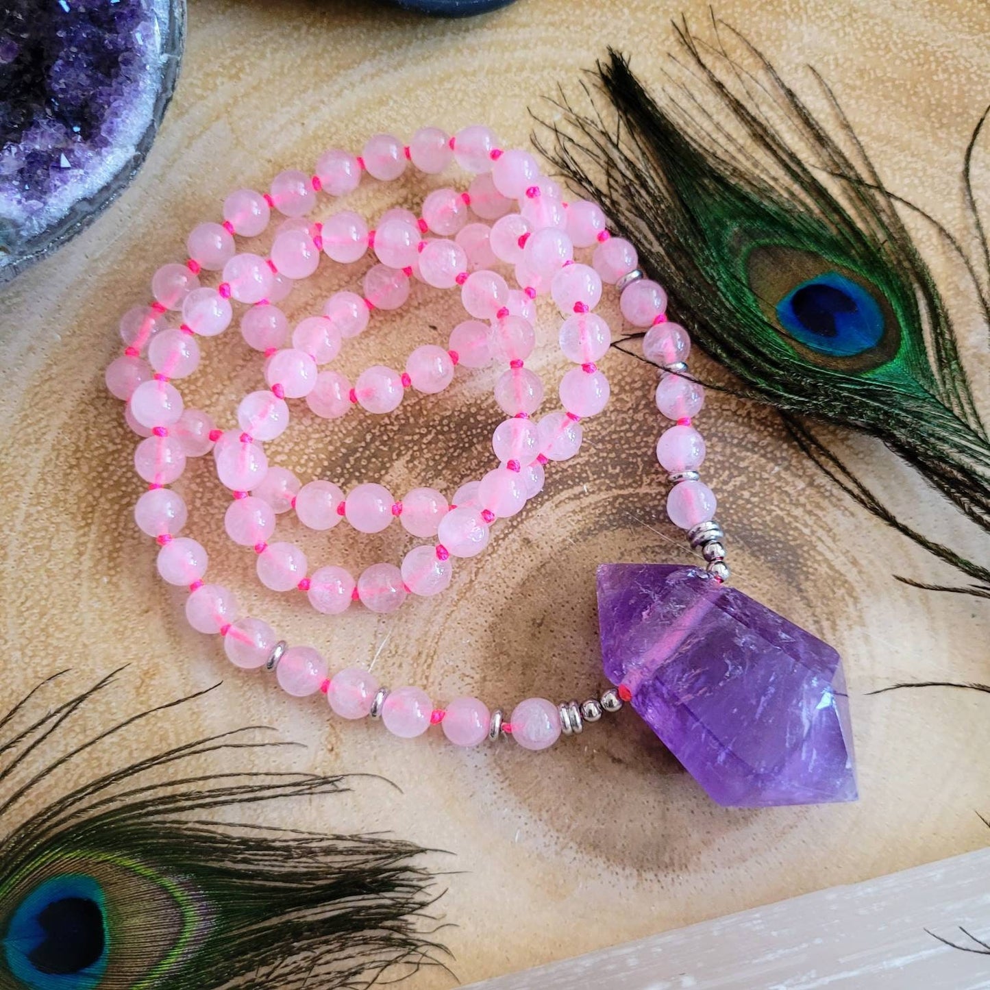 Rose Quartz Knotted necklace with Amethyst large Terminated Point pendant Crystal healing gift for her women jewellery witchy jewelry