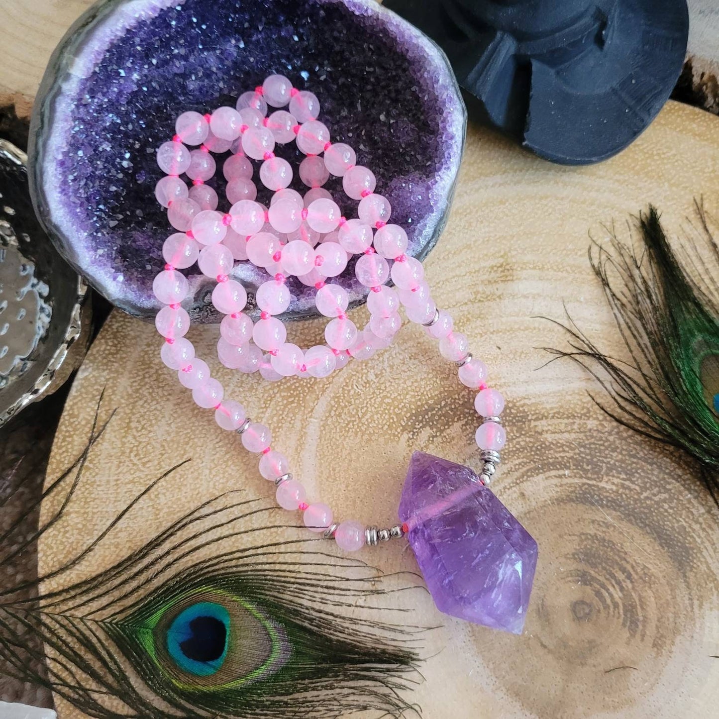 Rose Quartz Knotted necklace with Amethyst large Terminated Point pendant Crystal healing gift for her women jewellery witchy jewelry