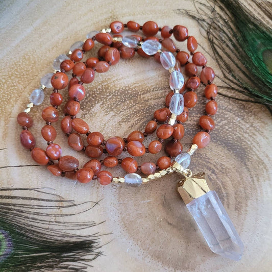 Carnelian necklace with clear quartz point pendant knotted bead jewellery gift for him or her witchy jewelry crystal healing