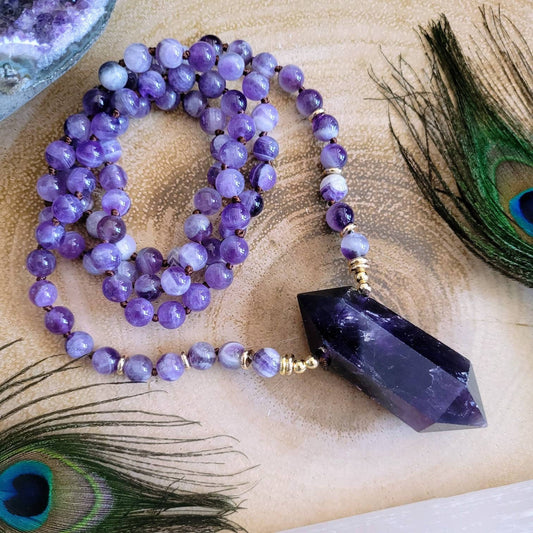 Dream Amethyst necklace knotted with double terminated point natural stone crystal healing Meditation jewellery gift for her or him witchy