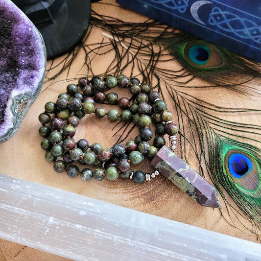 Dragons blood jasper necklace knotted mala point pendant crystal healing witchy jewellery gift for him gift for her