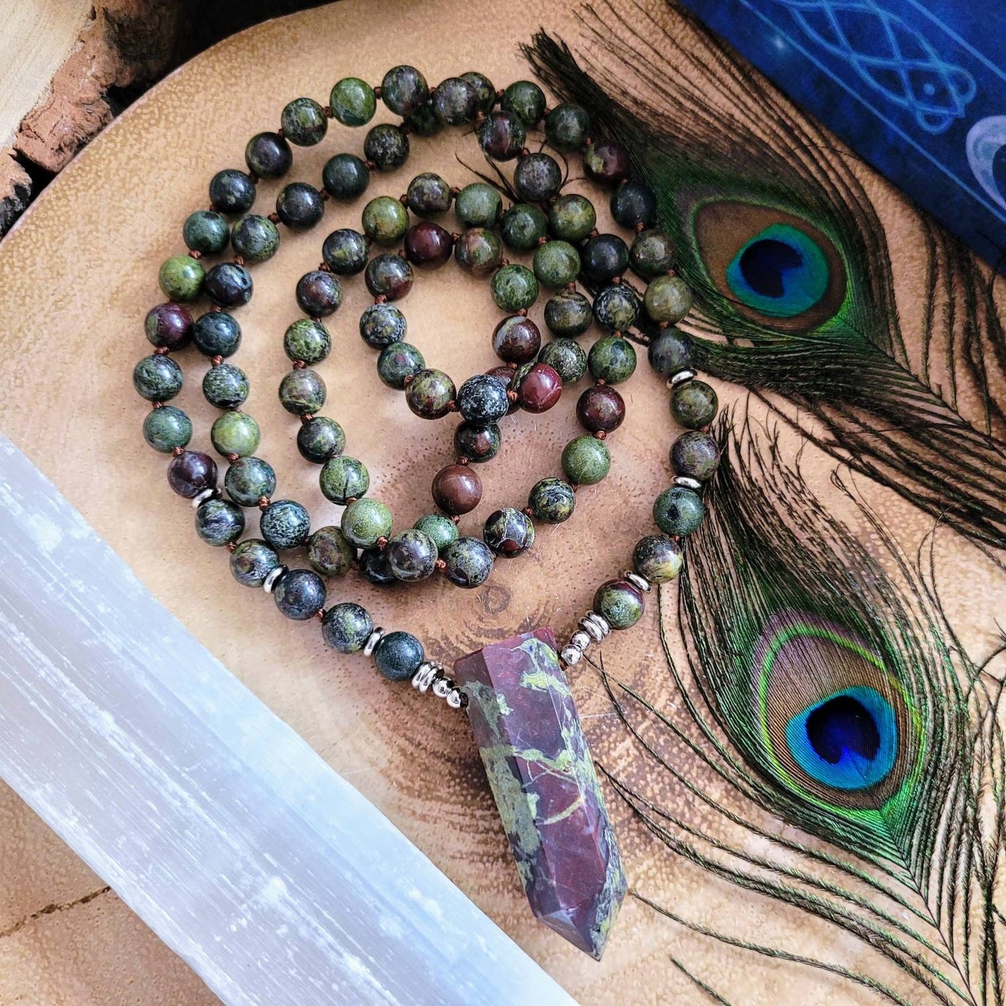 Dragons blood jasper necklace knotted mala point pendant crystal healing witchy jewellery gift for him gift for her