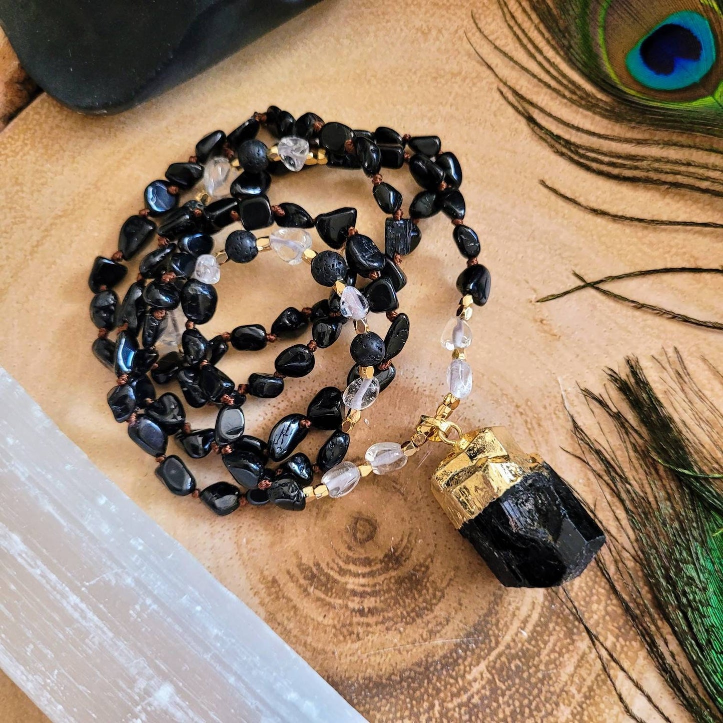 Black Tourmaline and Clear Quartz Necklace knotted raw tourmaline pendant  natural stone crystal healing jewellery protection amulet