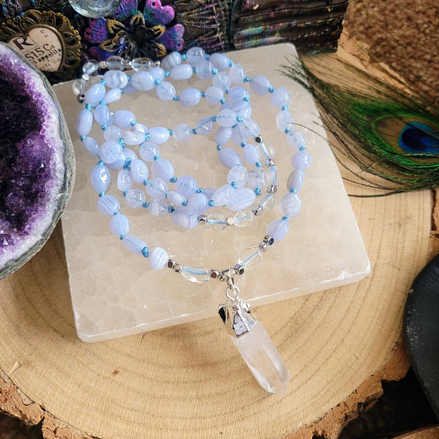 Blue lace agate and clear quartz necklace with raw stone point pendant knotted crystal healing jewellery gift for him or her throat chakra