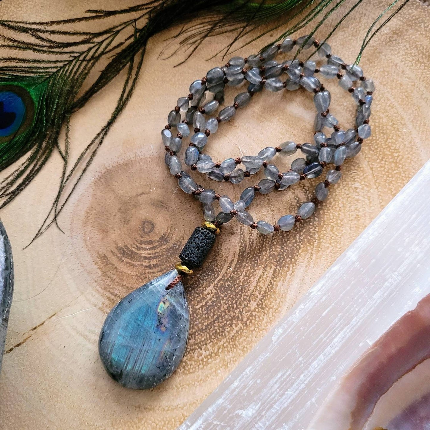 labradorite necklace teardrop pendant knotted crystal healing natural stone jewellery witchy gift for him or her gemstone jewelry