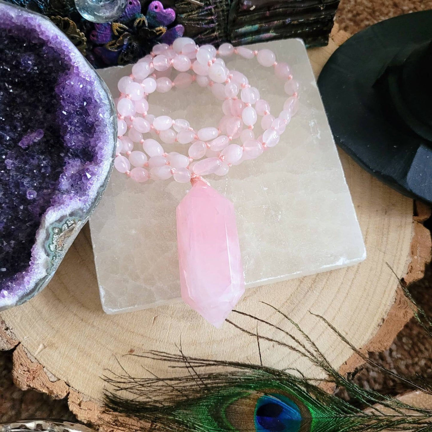 Rose Quartz Necklace with large double terminated Point pendant Crystal healing witchy jewellery gift for her heart chakra stone