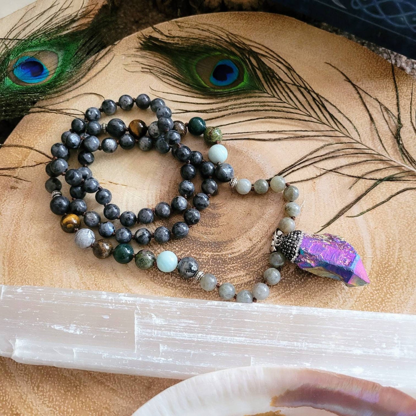 labradorite and larvikite beaded necklace with titanium quartz pendant