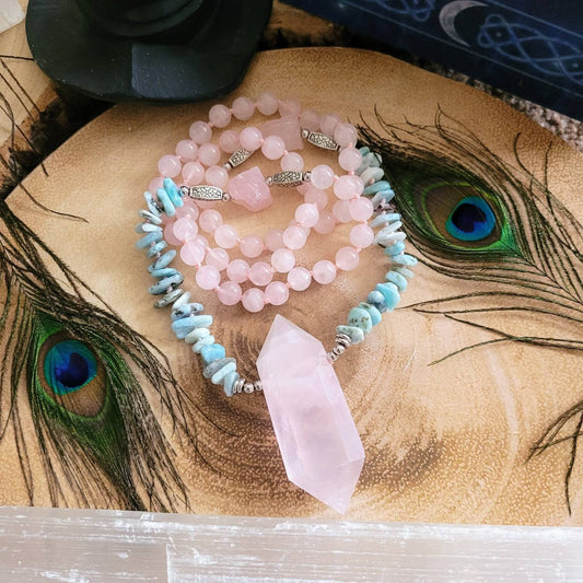 rose quartz necklace with larimar chips double terminated point pendant crystal healimg gift for her witchy jewellery gemstone jewelry