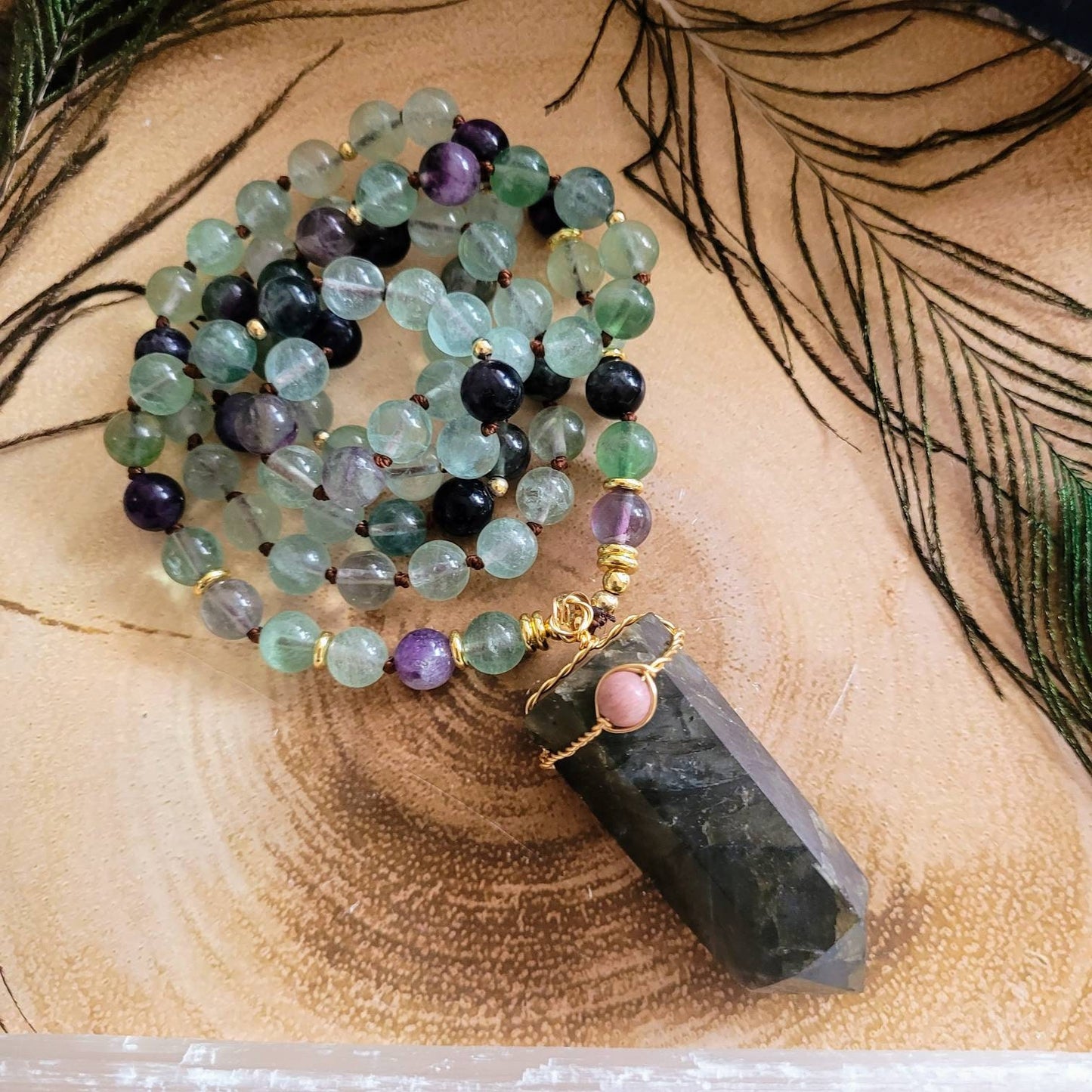 Rainbow fluorite beaded necklace with labradorite point