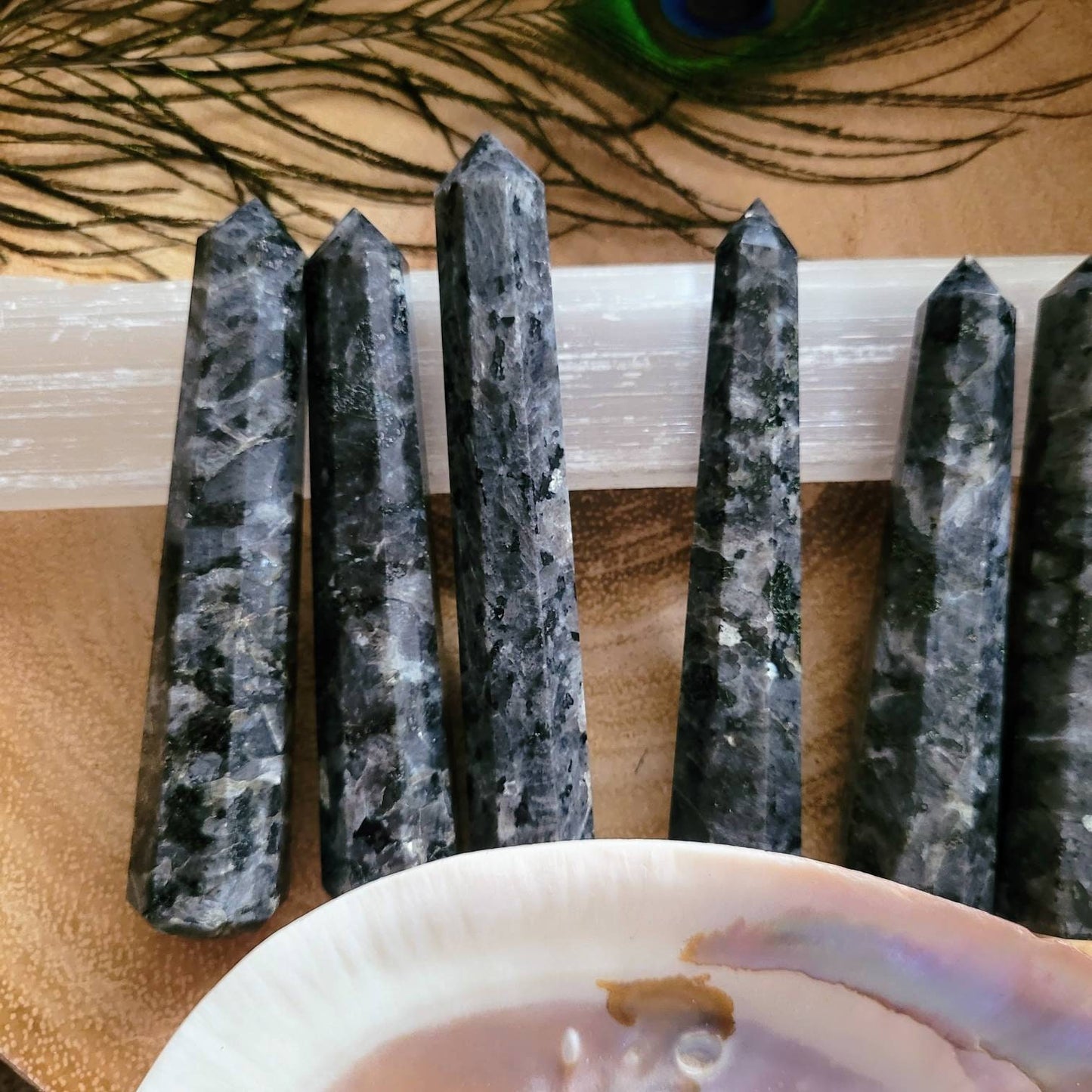 Larvikite black Moonstone tower point crystal healimg witchy home decor gift