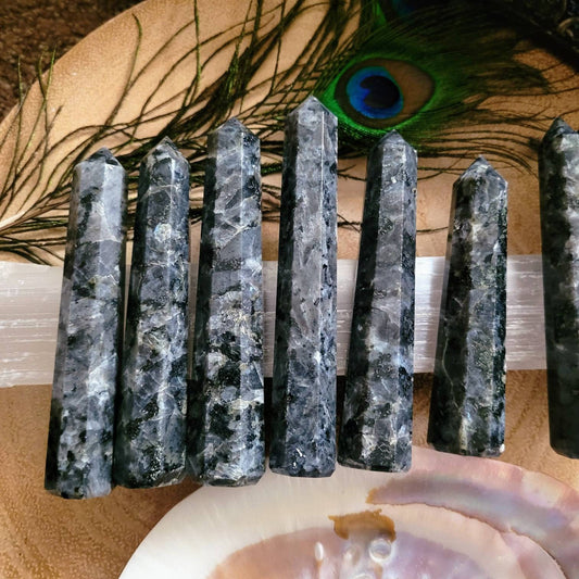 Larvikite black Moonstone tower point crystal healimg witchy home decor gift