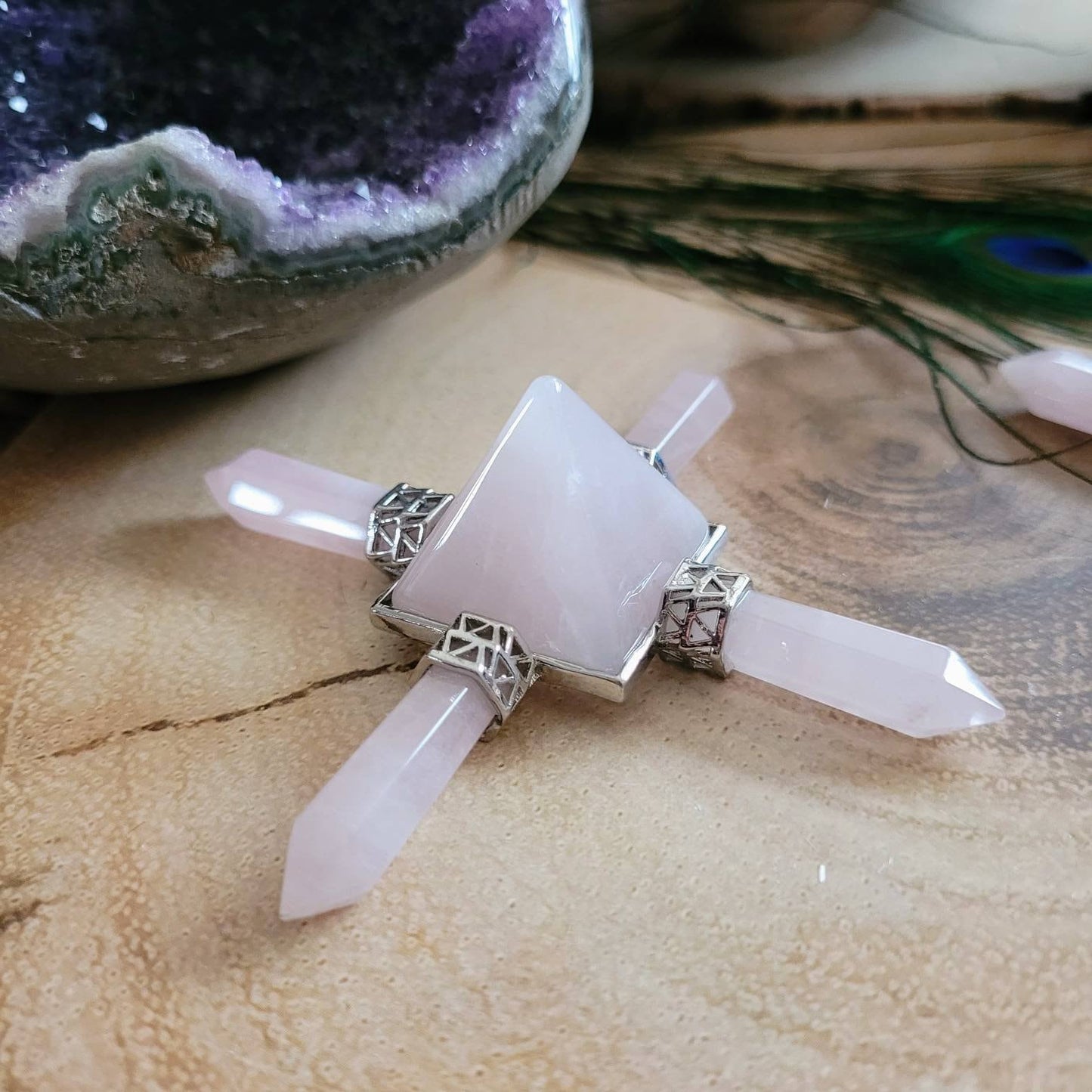 Rose Quartz Energy Generator pyramid Crystal healing natural stone home decor gift for her bedroom ornament