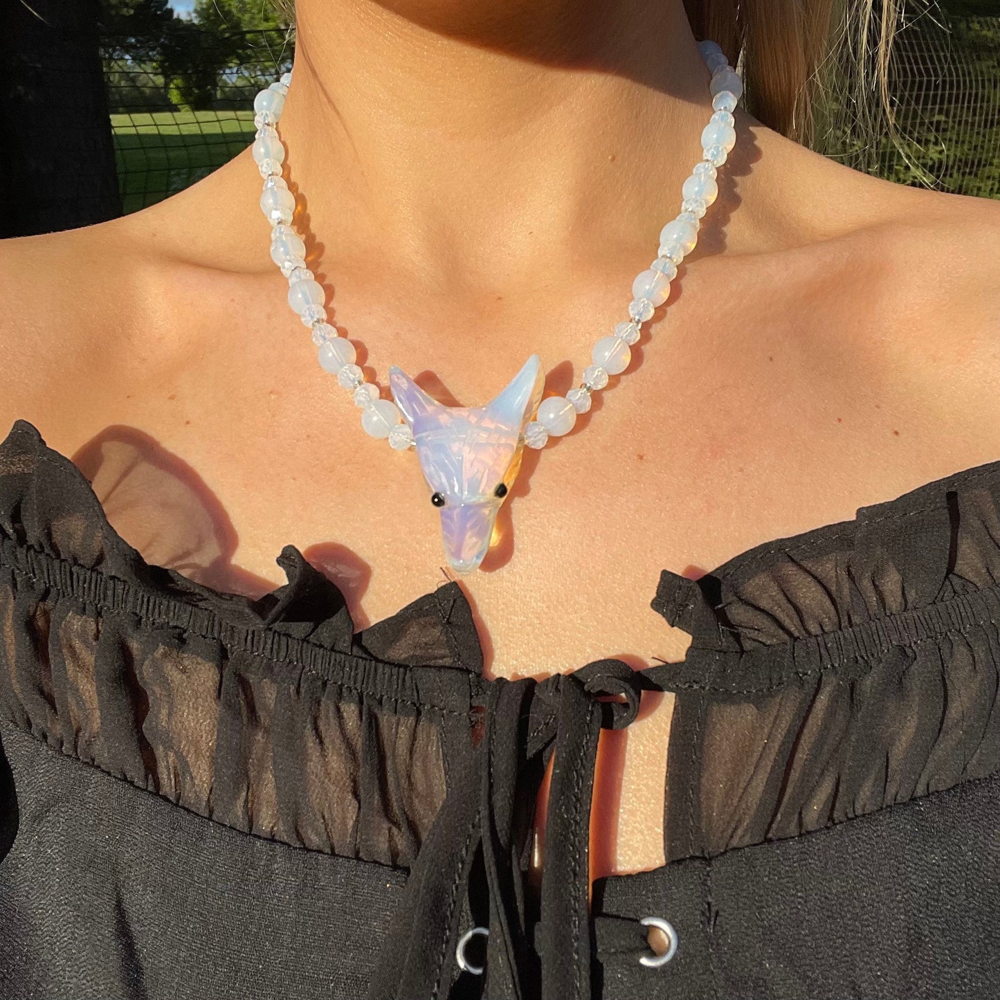 Opalite beaded necklace wolf choker