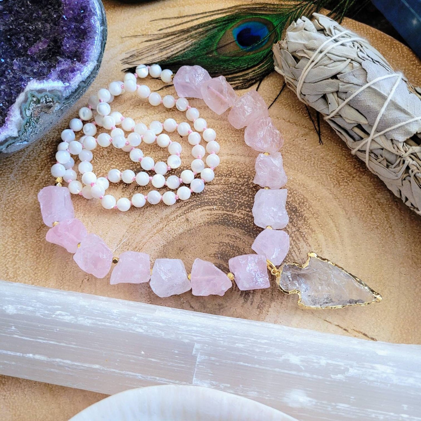 Rose Quartz and pearl necklace with clear quartz arrow head Knotted Crystal healing heart chakra jewellery pink necklace for women