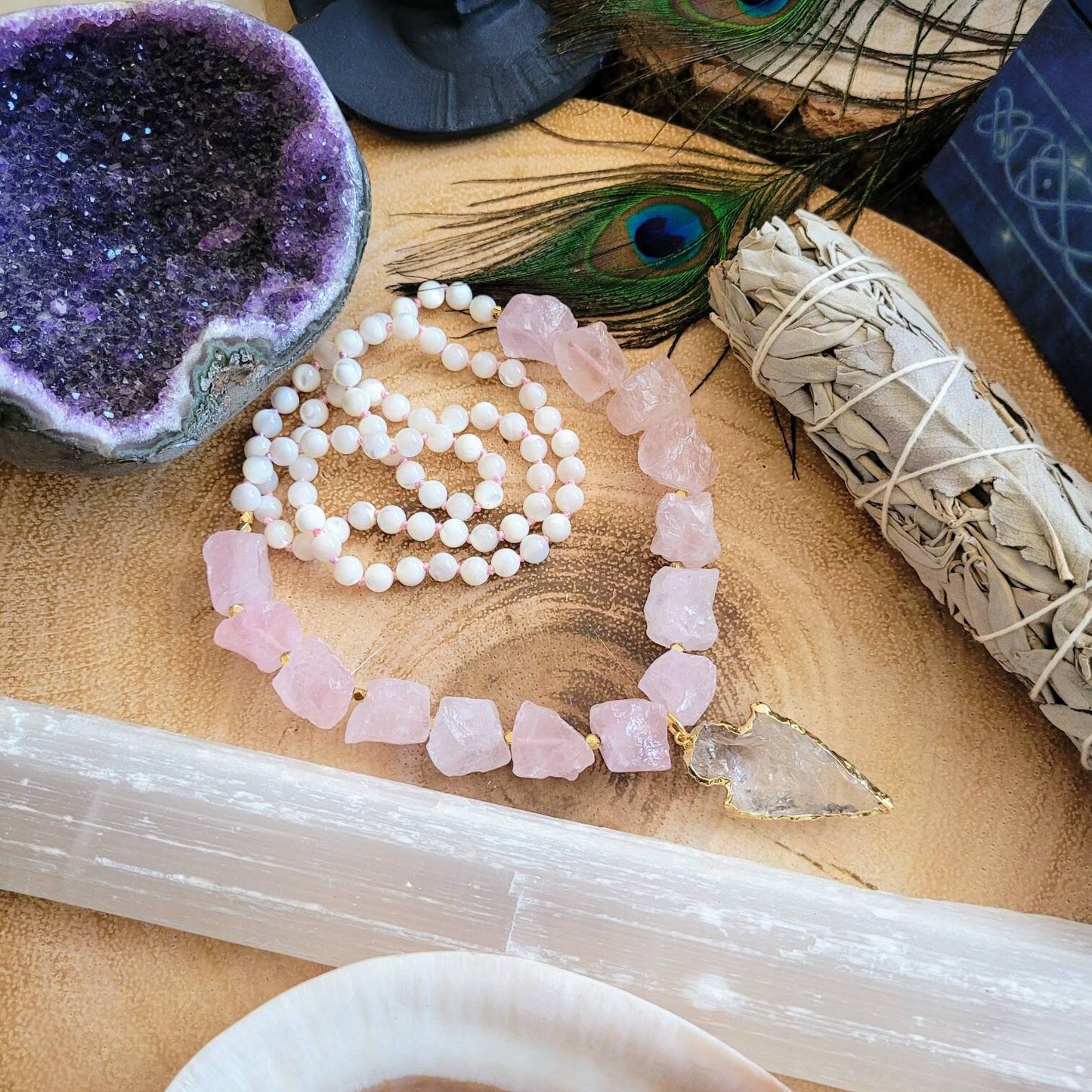 Rose Quartz and pearl necklace with clear quartz arrow head Knotted Crystal healing heart chakra jewellery pink necklace for women