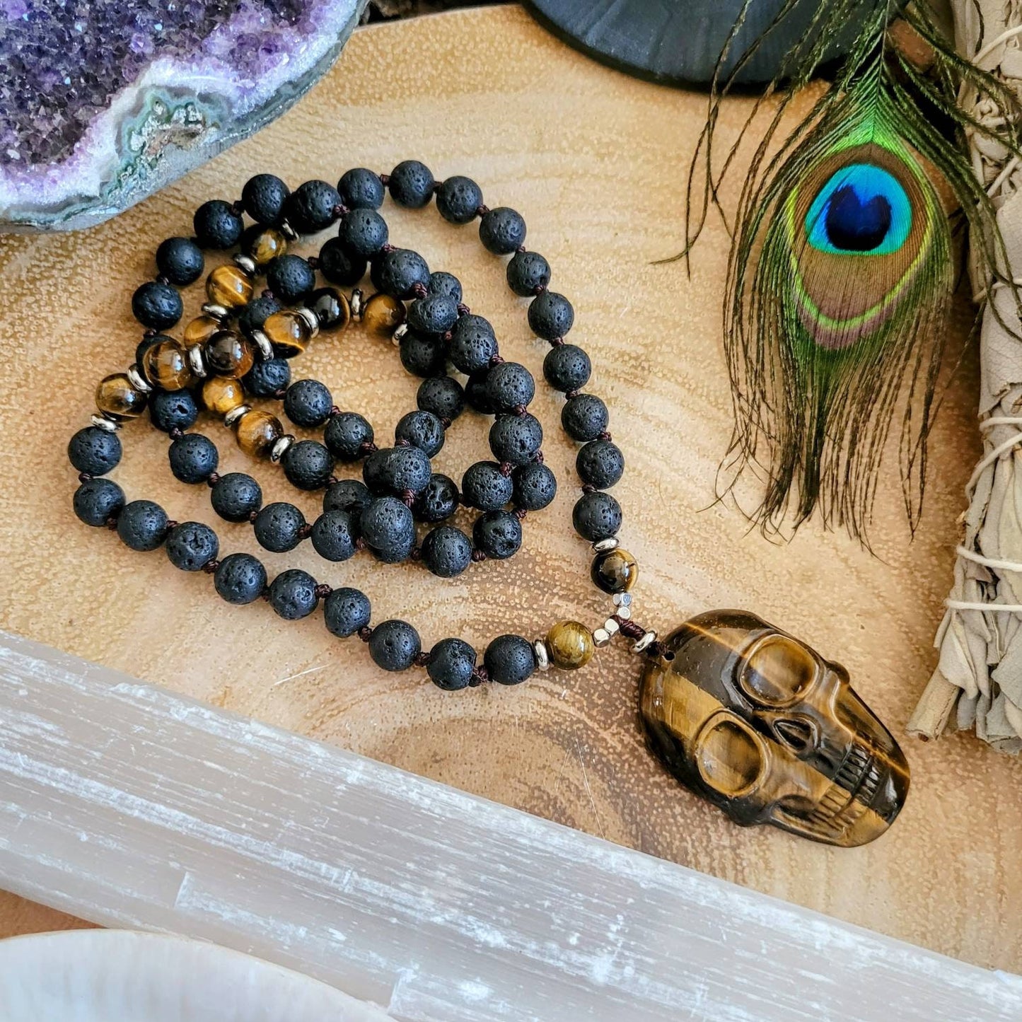 tigers eye skull pendant and lava stone necklace for men or women crystal healing witchy jewellery protection talisman gemstone jewelry