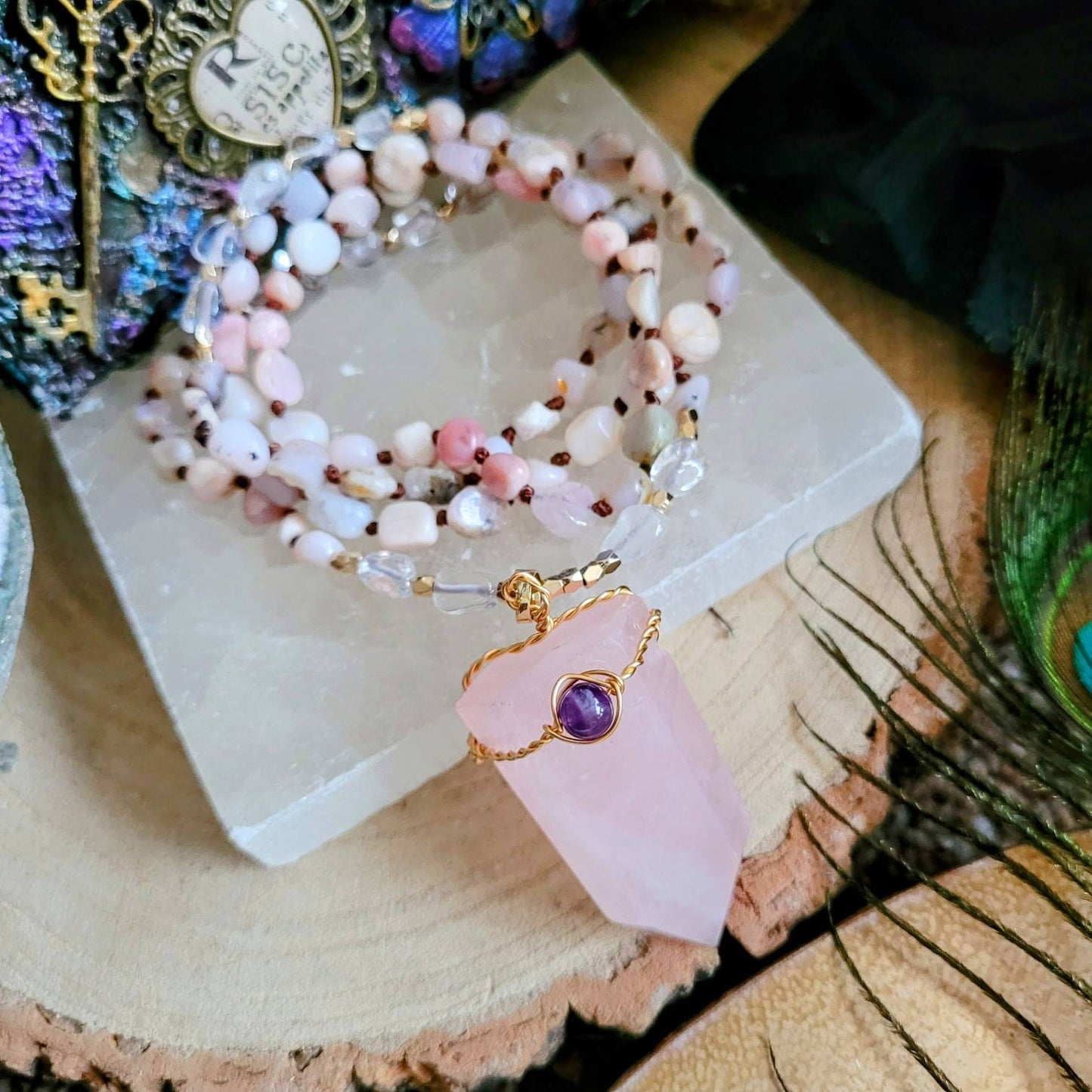 pink opal and amethyst necklace with rose quartz double terminated point knotted crystal healing gift for her