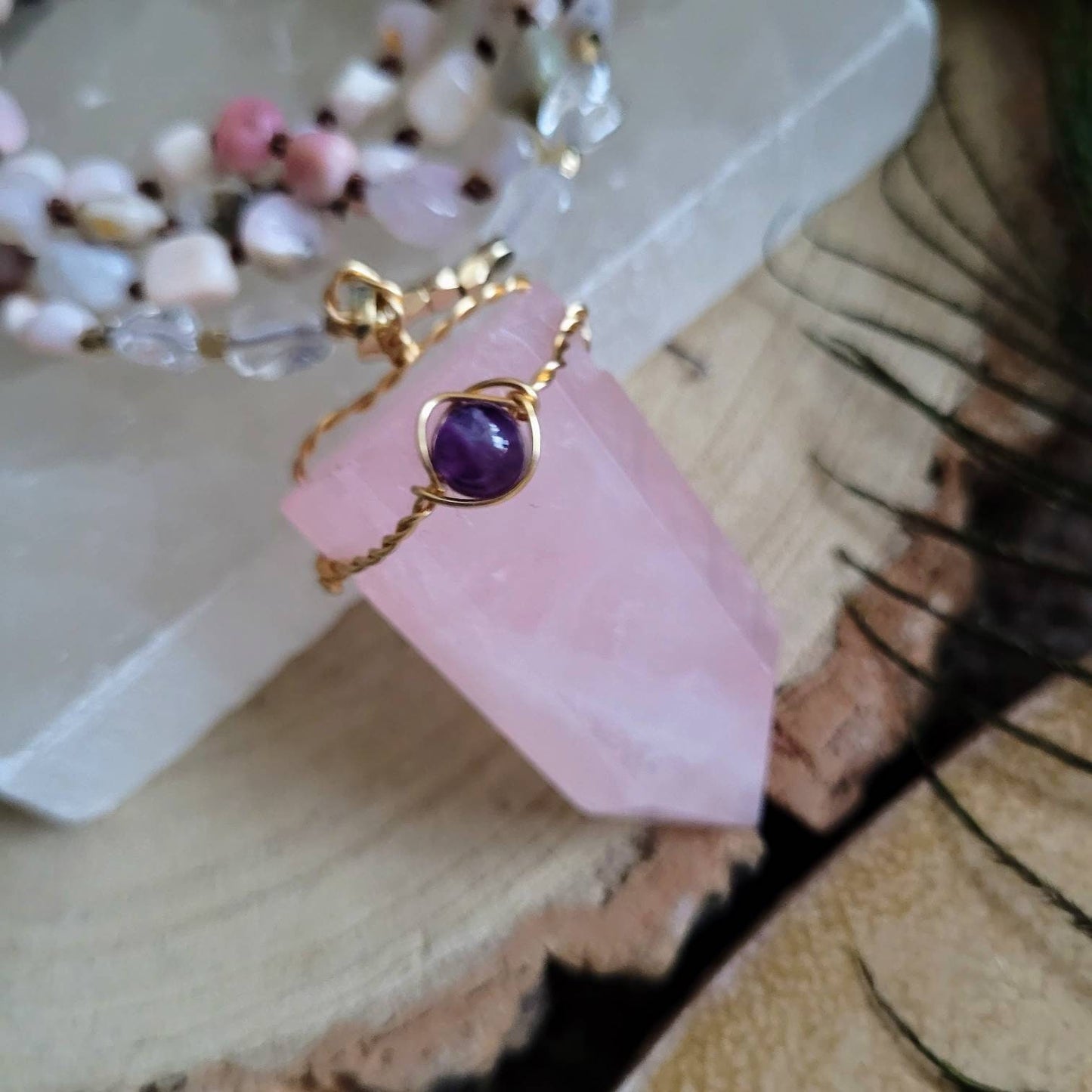 pink opal and amethyst necklace with rose quartz double terminated point knotted crystal healing gift for her