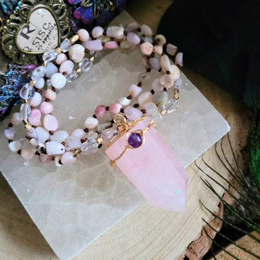 pink opal and amethyst necklace with rose quartz double terminated point knotted crystal healing gift for her