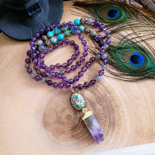 Amethyst pendant with Labradorite and Turquoise Sea Sediment necklace crystal healing jewellery gift for him or her witchy jewelry