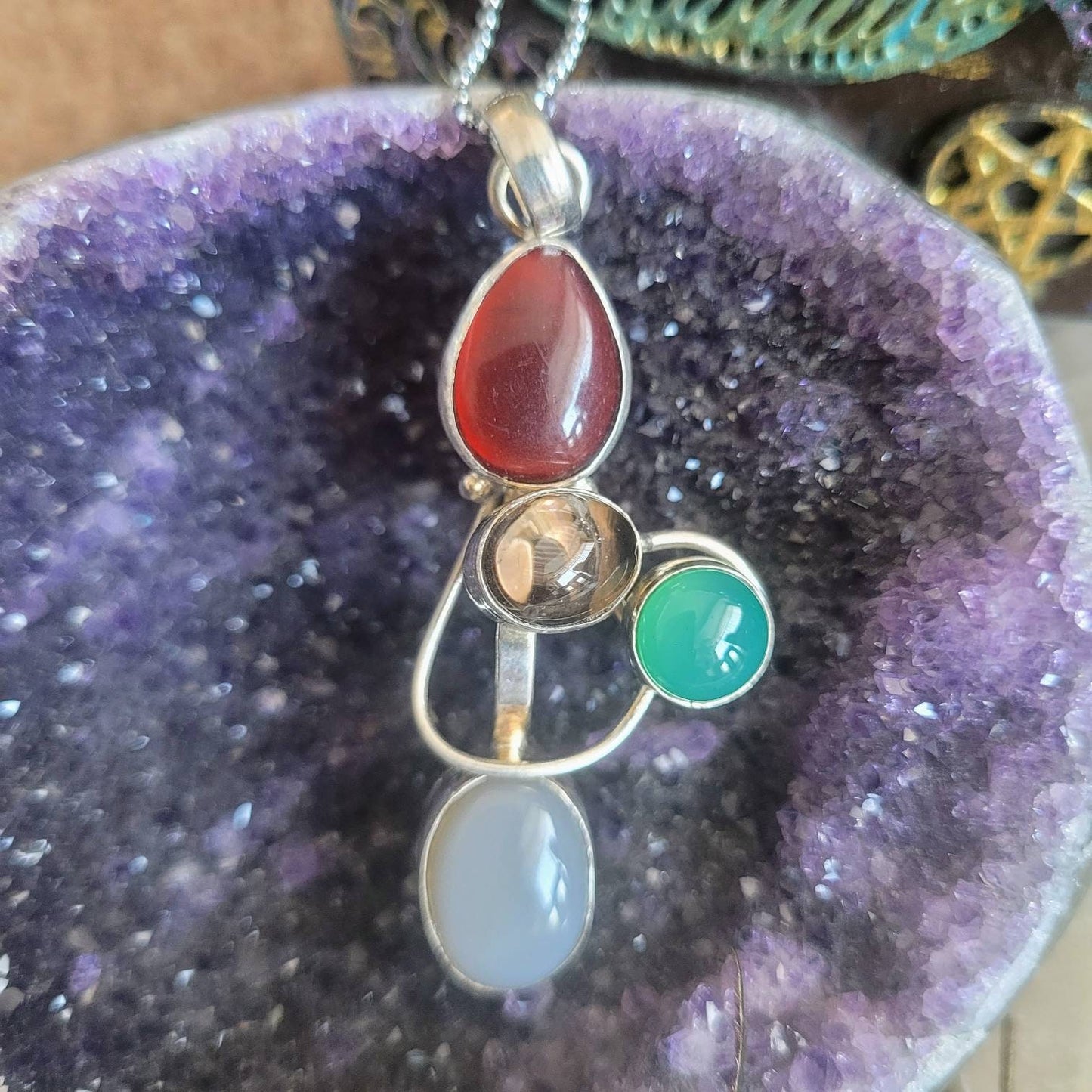 Carnelian, green onyx,  Botswana agate and smoky quartz in 925 silver pendant natural stone crystal  jewellery gift for her gemstone jewelry