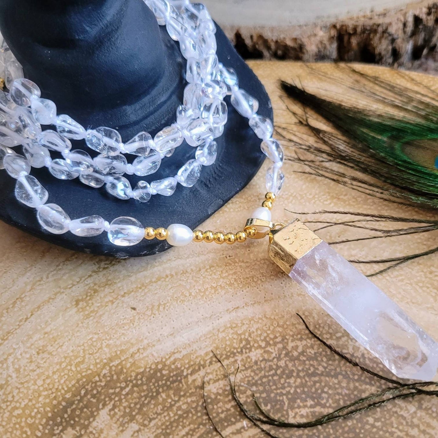 Clear Quartz and pearl necklace knotted raw quartz pendant crystal healing crown chakra witchy gemstone jewelry gift for her or him