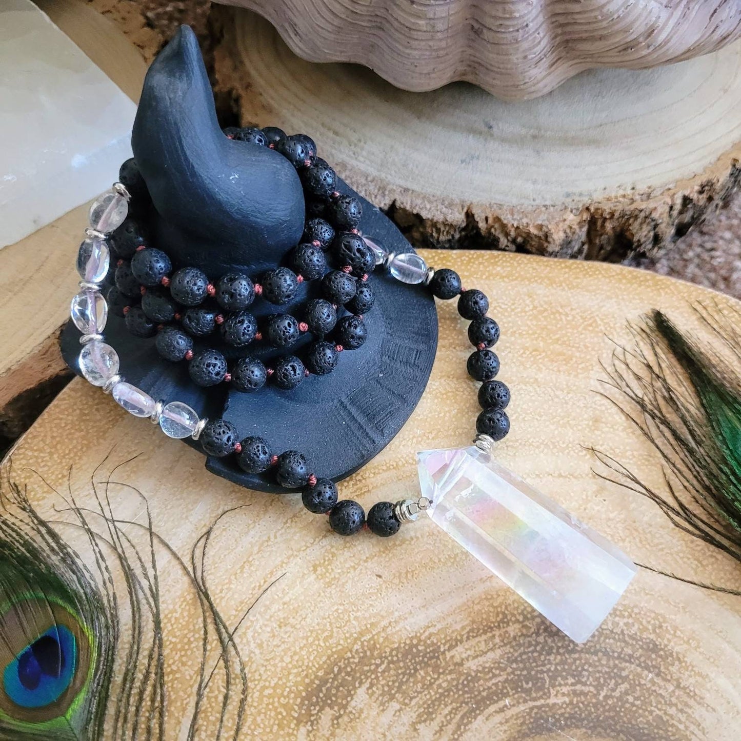 Lava rock and clear quartz necklace knotted mala with large angel aura quartz point witchy jewellery for her gemstone jewelry