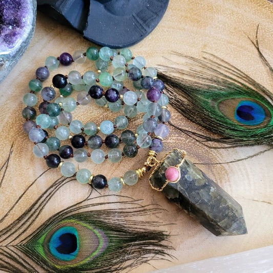 Rainbow fluorite beaded necklace with labradorite point