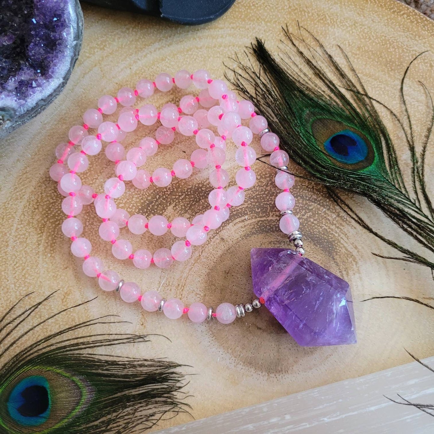 Rose Quartz Knotted necklace with Amethyst large Terminated Point pendant Crystal healing gift for her women jewellery witchy jewelry