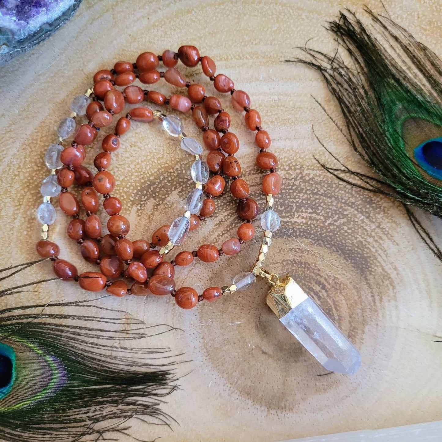 Carnelian necklace with clear quartz point pendant knotted bead jewellery gift for him or her witchy jewelry crystal healing