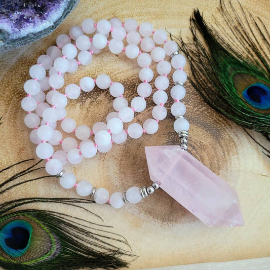 Rose Quartz necklace with large Terminated Point pendant Crystal healing bead mala womens jewellery gift for her witchy jewelry