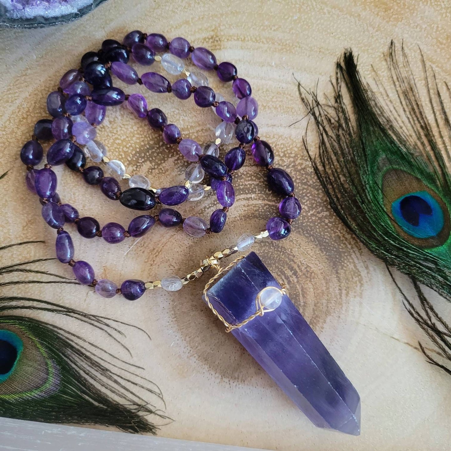 Amethyst and clear quartz necklace knotted with a large purple fluorite point pendant crystal healing gift for him or her witchy jewellery