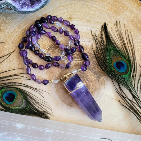 Amethyst and clear quartz necklace knotted with a large purple fluorite point pendant crystal healing gift for him or her witchy jewellery