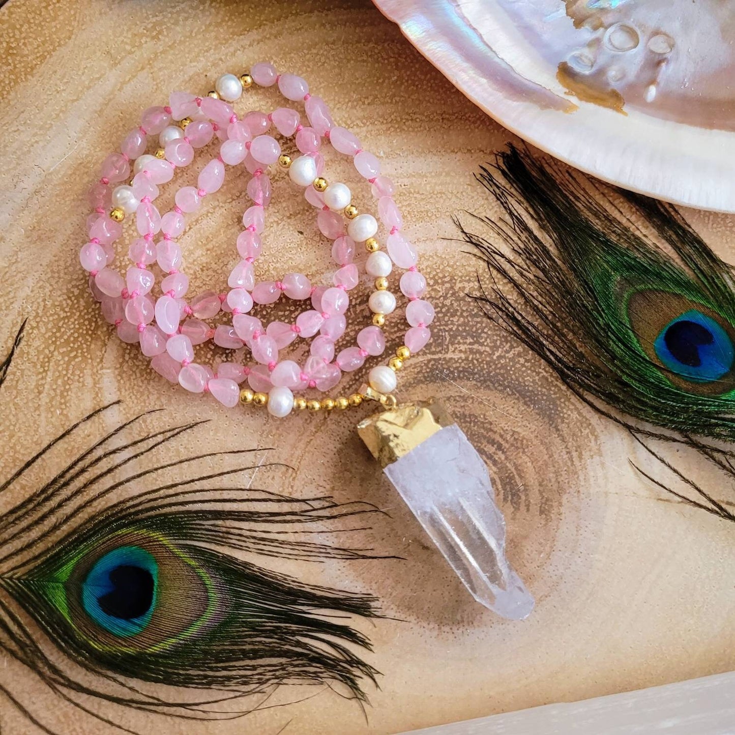 Rose Quartz and pearl necklace with clear quartz pendant Knotted crystal healing gift for her witchy jewellery