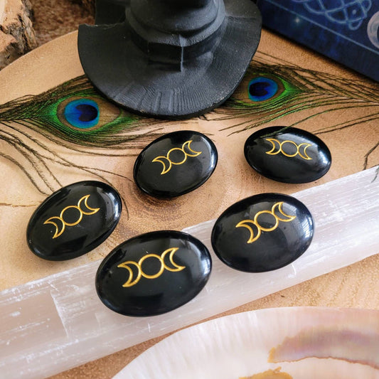 Black Obsidian worry stone triple moon natural stone crystal healing Meditation tool gift for her or him massage