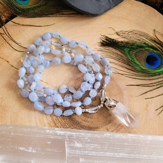 Blue lace agate and clear quartz necklace with raw stone point pemdant knotted crystal healing jewellery gift for him or her throat chakra