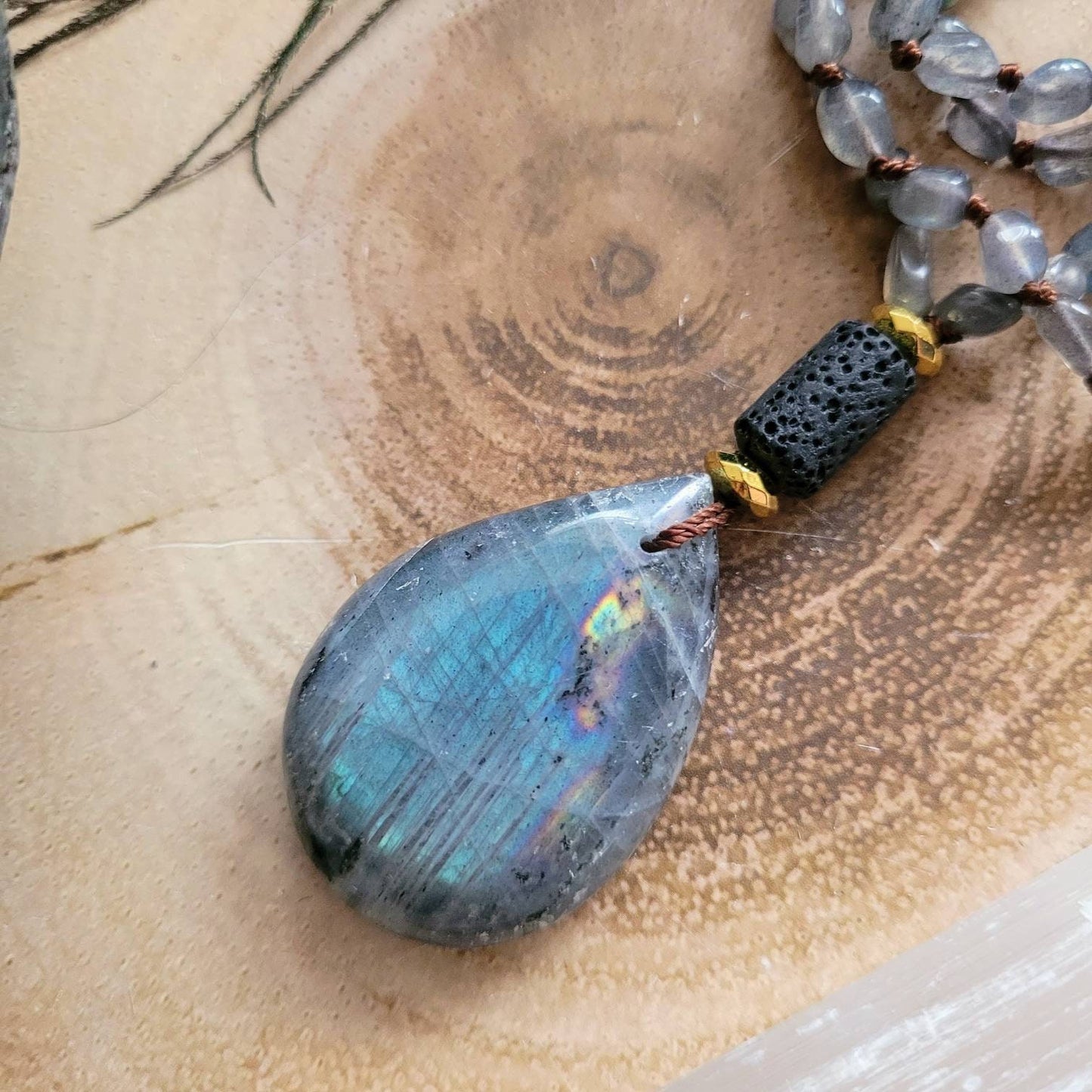 labradorite necklace teardrop pendant knotted crystal healing natural stone jewellery witchy gift for him or her gemstone jewelry